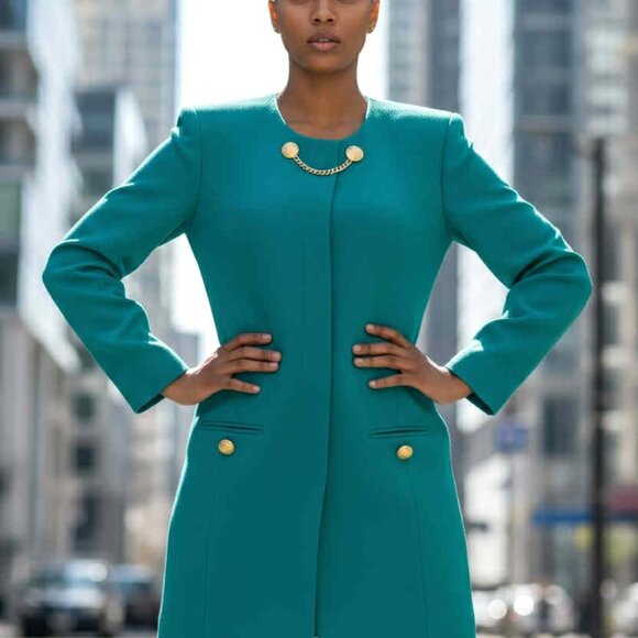 Vintage 1980s Depeche Mode Teal Sheath Dress Gold Button Chain Front Size 10 EUC - Picture 1 of 6